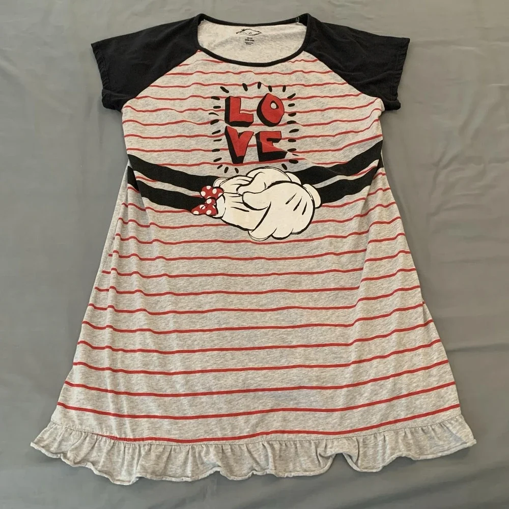 Disney Sleepshirt Womens 2X-3X Gray Striped Love Mickey Minnie Ruffle Hem Sleep